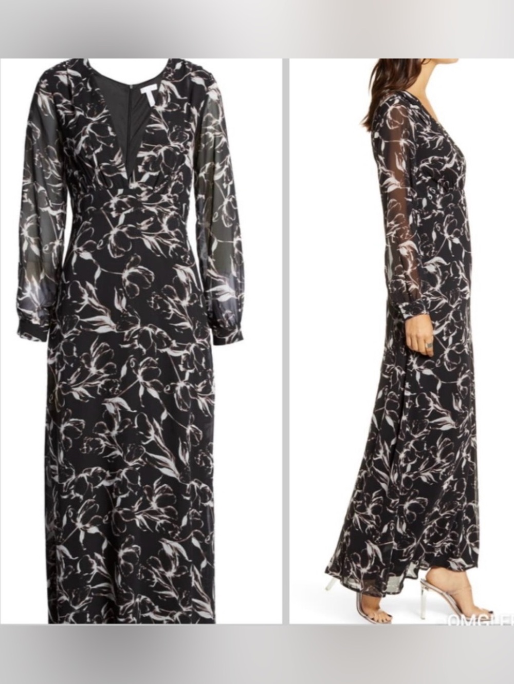 Leith Nordstrom Black Floral Maxi Dress XS | Sheer Sleeves | Elegant